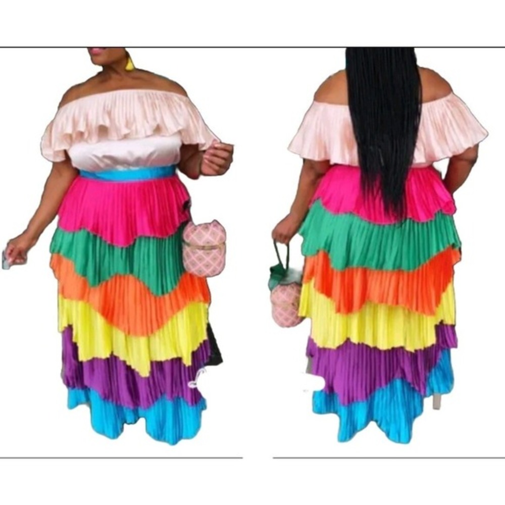 L'Atiste NWT Dress Plus 2X Tiered Bright Colorblock Pleats Off‎ Shoulder Party